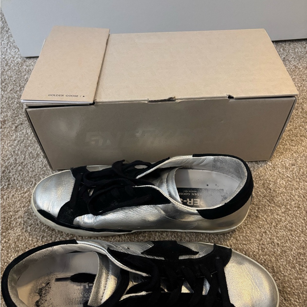 Golden Goose Silver and Black Super-Star Sneakers